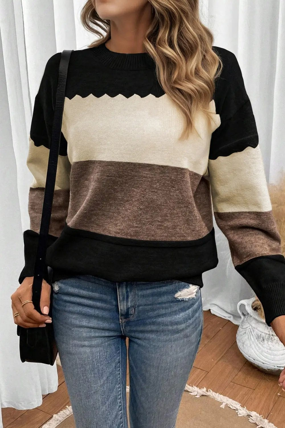 Black Colorblock Crew Neck Drop Shoulder Sweater Relaxed Fit Dear-Lover Dropshipping
